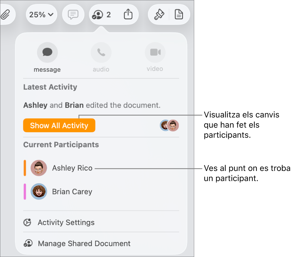 Menú de col·laboració amb una llista de dos participants actuals.