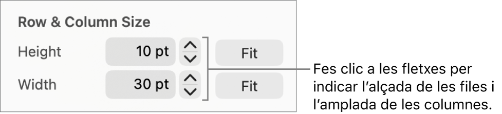 Els controls per especificar una mida exacta de fila o columna.