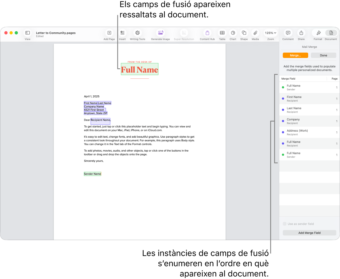 Un document del Pages en què es mostren els camps de fusió de destinatari i remitent, i la llista d’instàncies de camp de fusió visible a la barra lateral del document.