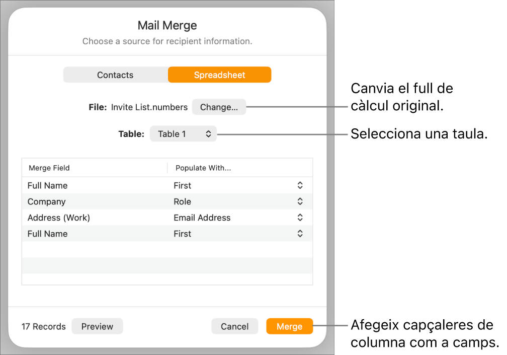 El tauler de previsualització dels camps de fusió obert, que mostra les opcions de canviar l’arxiu o la taula font, previsualitzar els noms dels camps de fusió o afegir les capçaleres de columna com a camps.
