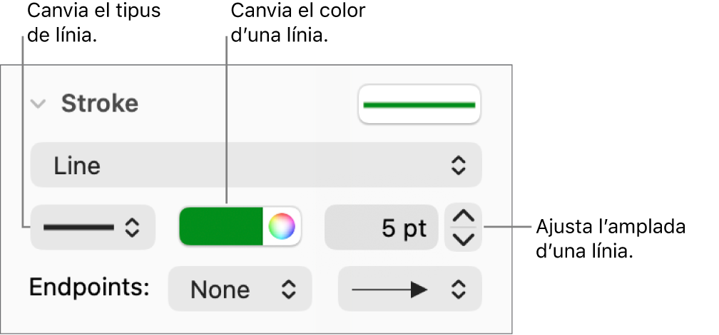 Els controls de traç per ajustar els punts finals, el gruix de la línia i el color.