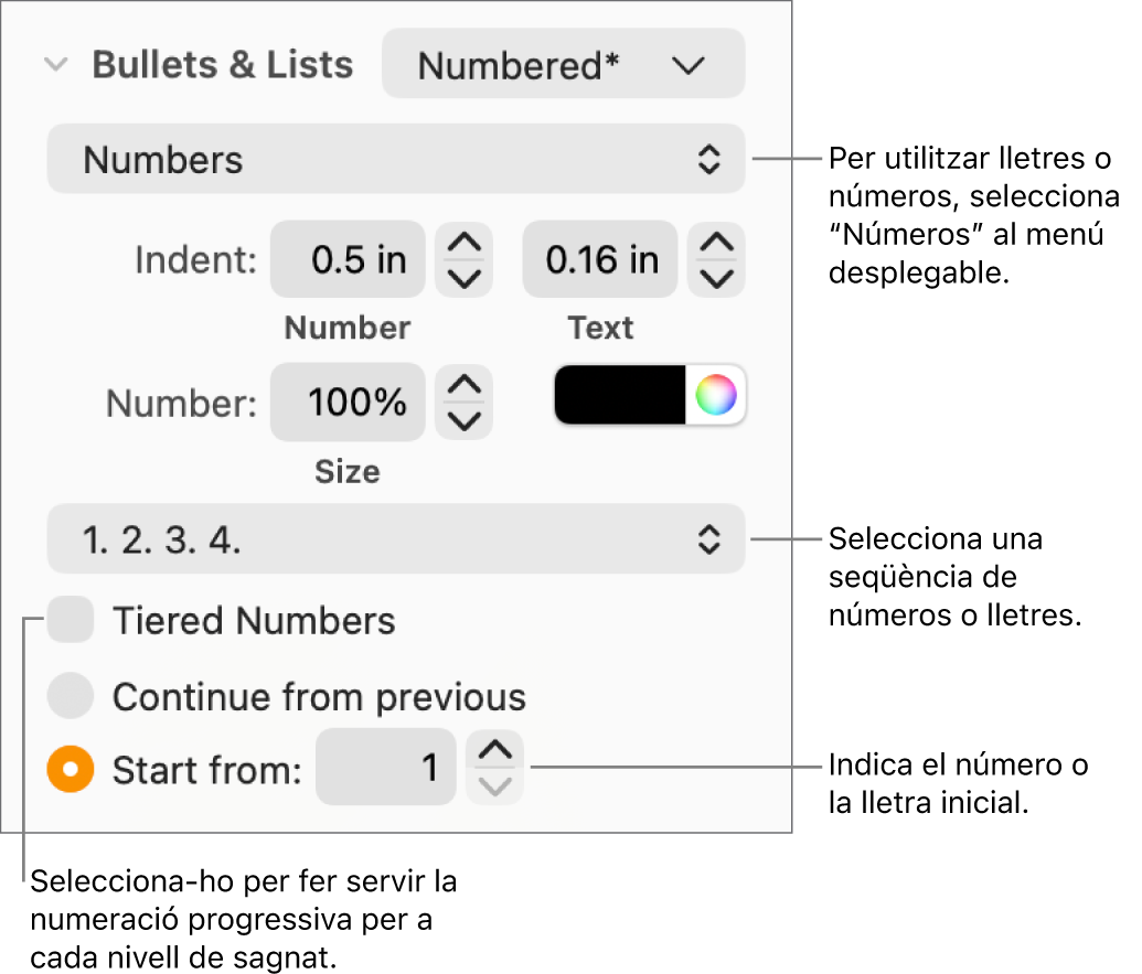 Controls per canviar l’estil dels números i l’espaiat d’una llista.
