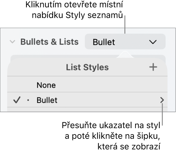 Místní nabídka Styly seznamů s jedním vybraným stylem a šipkou úplně vpravo.