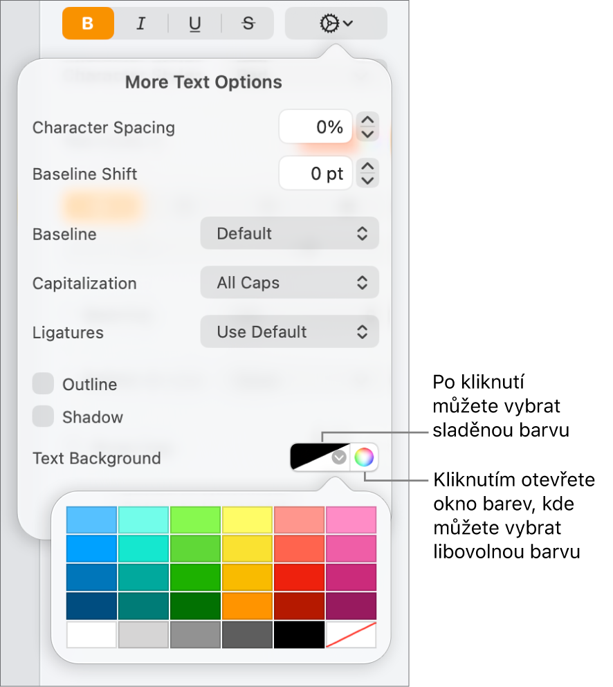 Ovládací prvky pro výběr barvy pozadí textu