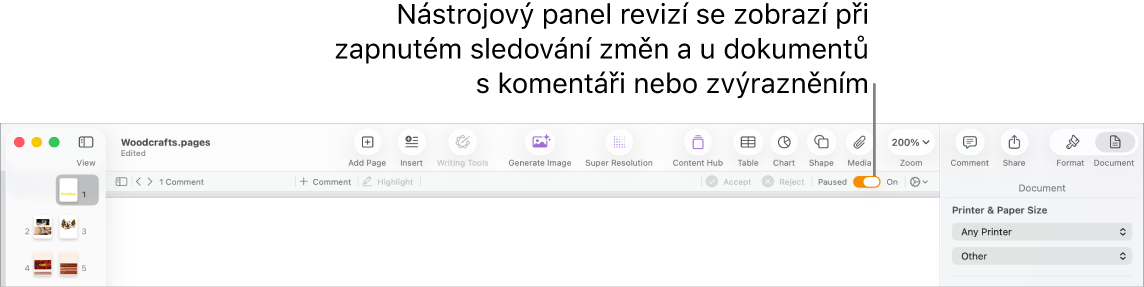 Panel nástrojů Pages se zapnutou funkcí sledování změn a pod ním panel nástrojů kontroly