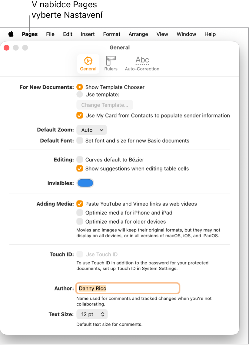 Okno s nastavením Pages a otevřeným panelem Obecné, s volbami pro nové dokumenty, výchozí nastavení přiblížení a písma, úpravy, rovnice, neviditelné znaky, přidávání médií, funkci Touch ID, jméno autora a výchozí velikost textu.