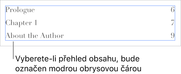 Přehled obsahu vložený do dokumentu. Jednotlivé položky uvádějí vždy nadpis kapitoly s příslušným číslem stránky