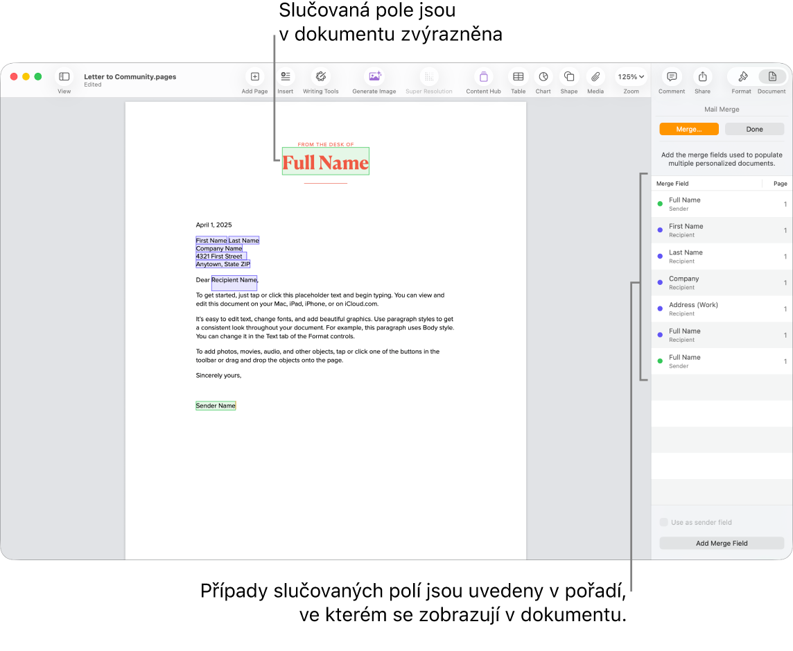 Dokument Pages s poli hromadné korespondence pro příjemce a odesílatele; na bočním panelu Dokument je vidět seznam instancí polí hromadné korespondence