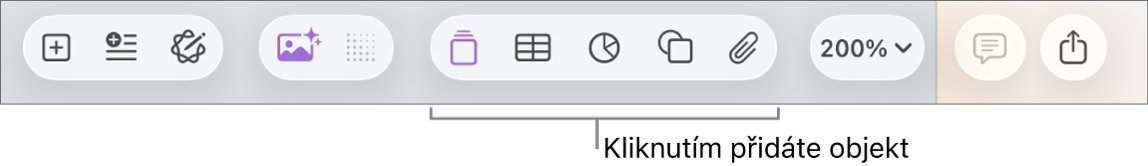 Panel nástrojů s tlačítky pro přidání tabulek, grafů, textu, tvarů nebo médií