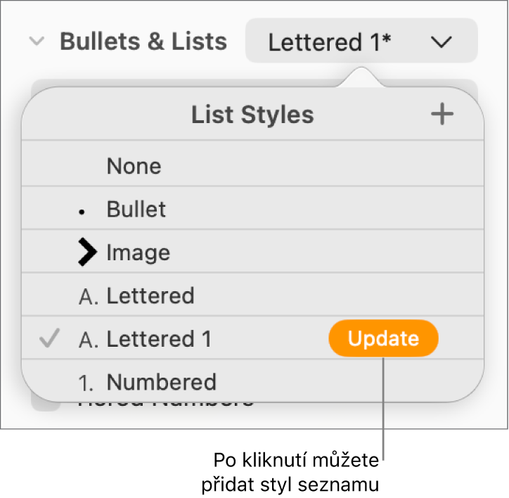 Místní nabídka Styly seznamů s tlačítkem Aktualizovat u názvu nového stylu