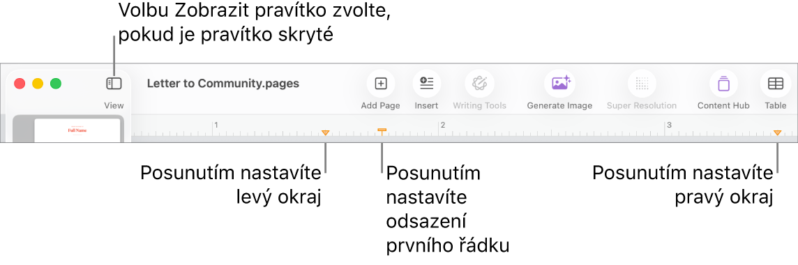 Pravítko s ovládacím prvkem pro levý okraj a ovládacím prvkem pro odsazení prvního řádku