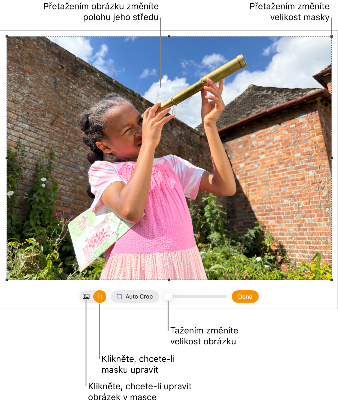 Ovládací prvky masky na obrázku