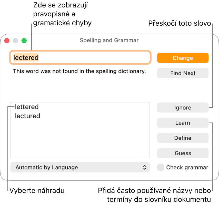 Okno Pravopis a gramatika