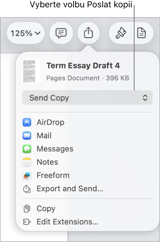 Nabídka sdílení, v níž je nahoře vybraná volba Poslat kopii