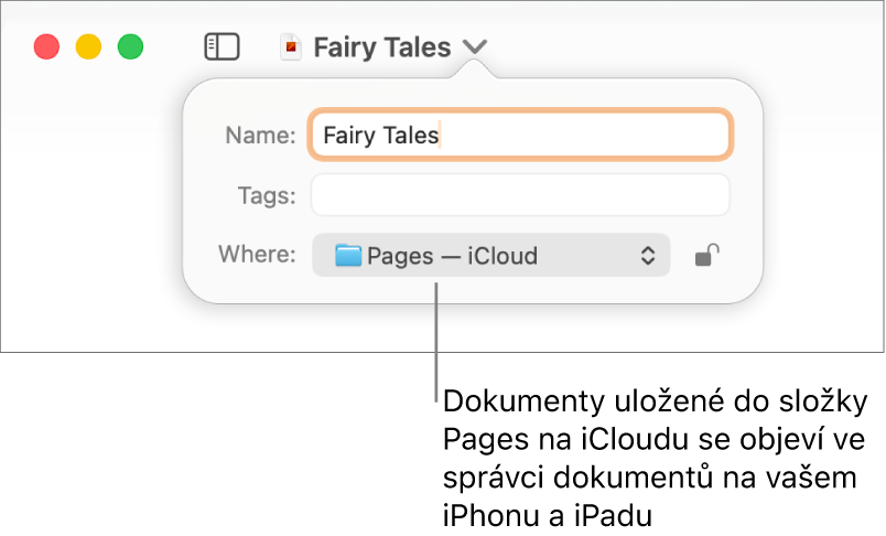 Ukládací dialogové okno aplikace Pages s vybranou položkou iCloud v místní nabídce „Kde“