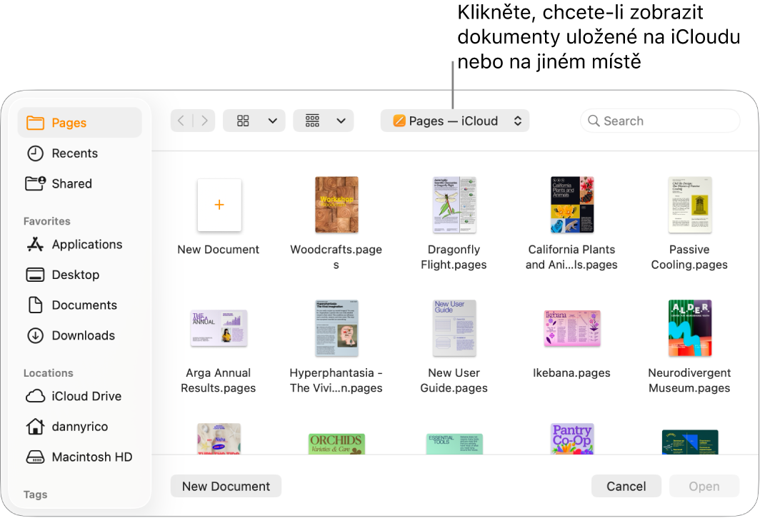 Dialogové okno Otevřít s otevřeným bočním panelem vlevo a iCloud Drivem vybraným v horní místní nabídce. V dialogovém okně je vidět složka Pages spolu s tlačítkem Nový dokument.