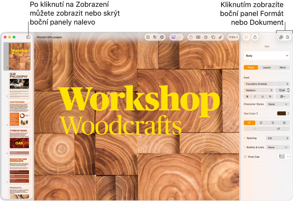 Okno Pages s popisky u tlačítka nabídky Zobrazení a u tlačítek Formát a Dokument na panelu nástrojů. Vlevo a vpravo jsou otevřeny boční panely