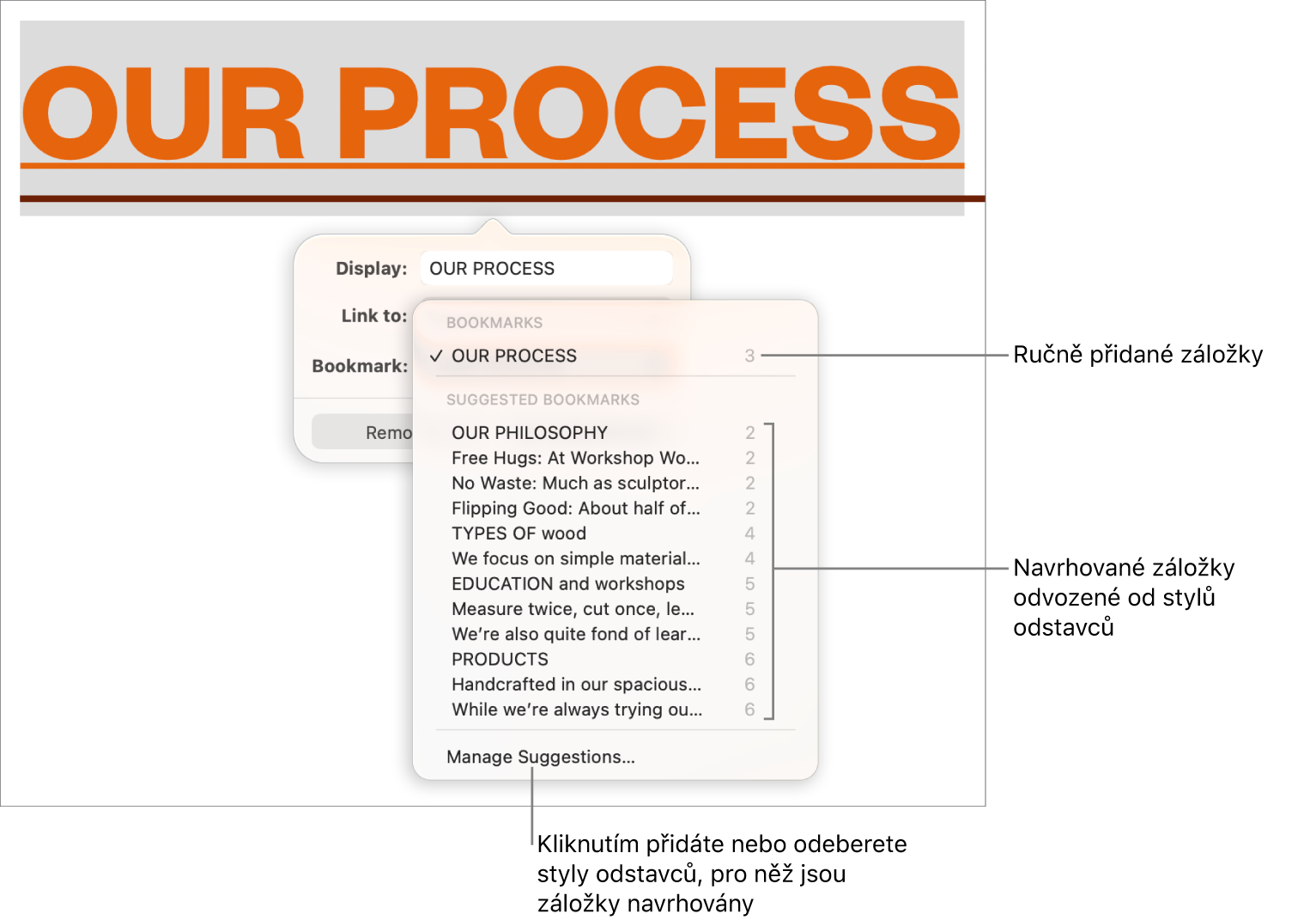 Seznam záložek, v němž jsou nejprve uvedeny ručně přidané záložky a pod nimi navrhované záložky. Pod seznamem se nachází volba Spravovat návrhy