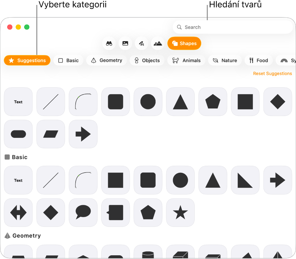 Knihovna tvarů. Vlevo jsou uvedeny kategorie, vpravo tvary. Pomocí pole hledání v horní části můžete vyhledat požadované tvary. Posunutím zobrazíte další tvary.