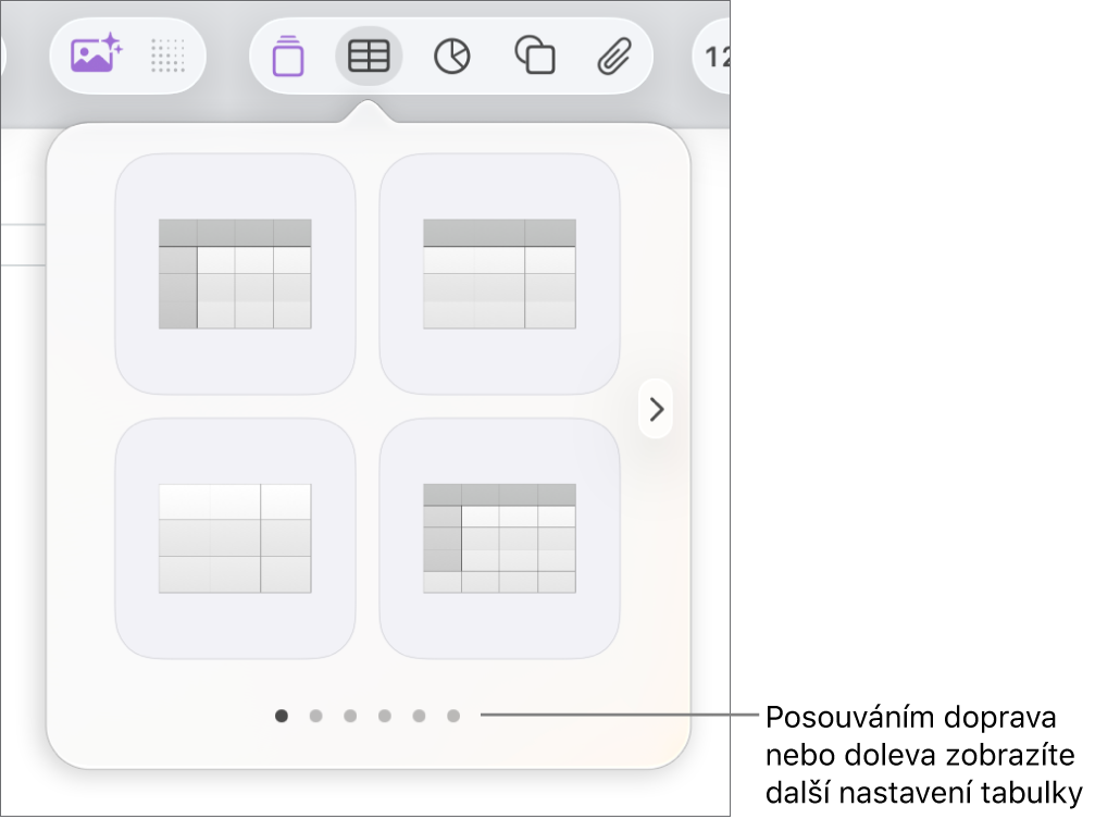 Nabídka Přidat tabulku s navigačními šipkami