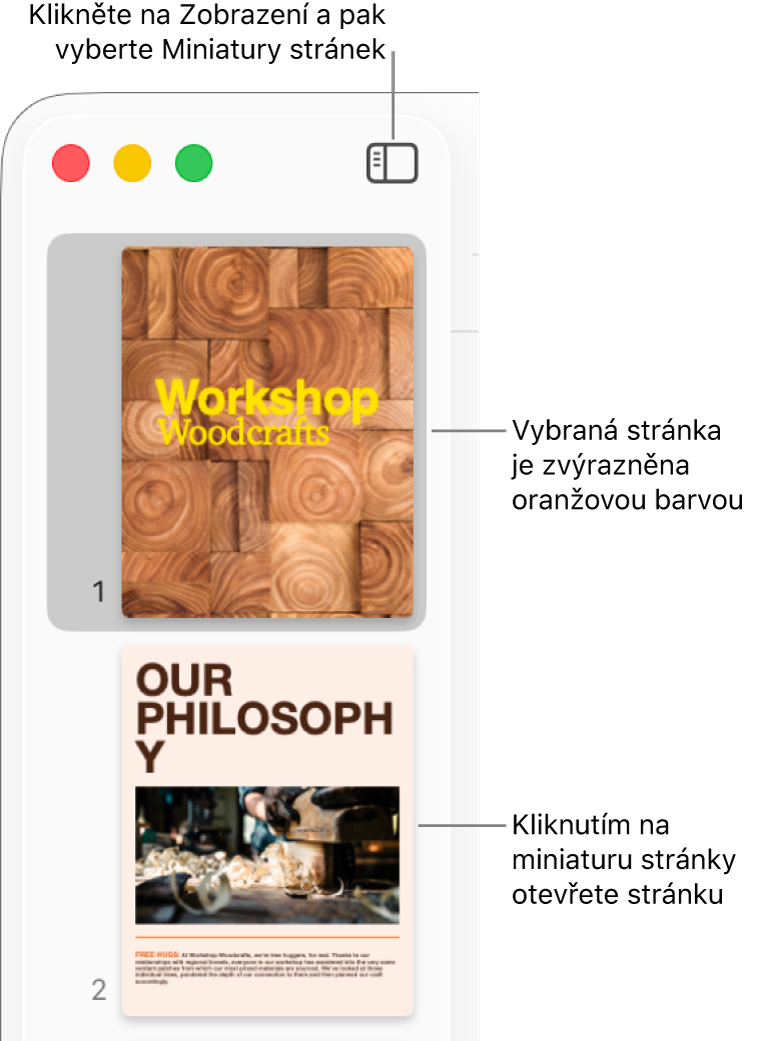 Boční panel na levé straně okna aplikace Pages s otevřeným zobrazením miniatur stránek a vybranou stránkou, která je zvýrazněna tmavooranžově