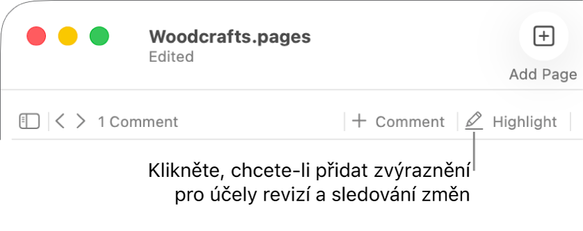 Řádek nabídek s nabídkou Přidat a pod ní panel nástrojů Pages se zobrazenými nástroji pro kontrolu a popiskem u tlačítka Zvýraznit