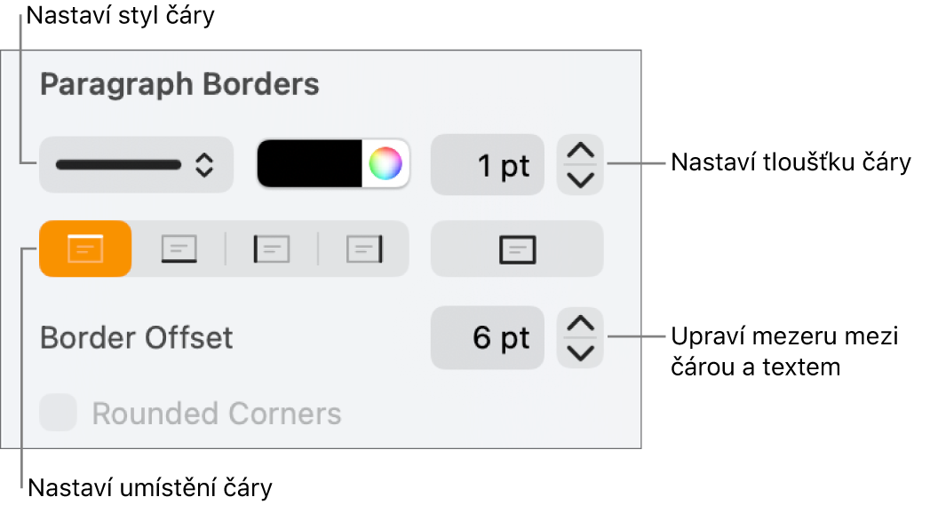 Ovládací prvky pro změnu stylu čáry, její tloušťky, umístění a barvy
