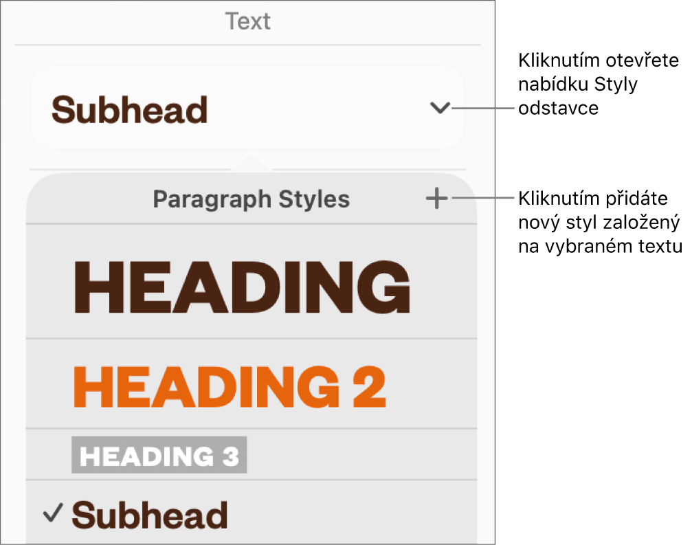 Nabídka Styly odstavců s ovládacími prvky pro přidání nebo změnu stylu