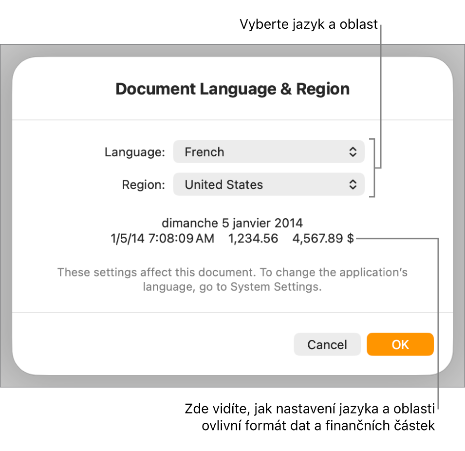 Panel Jazyk a oblast obsahující ovládací prvky pro jazyk a oblast a ukázku formátu, včetně data, času, desetinného oddělovače a měny.