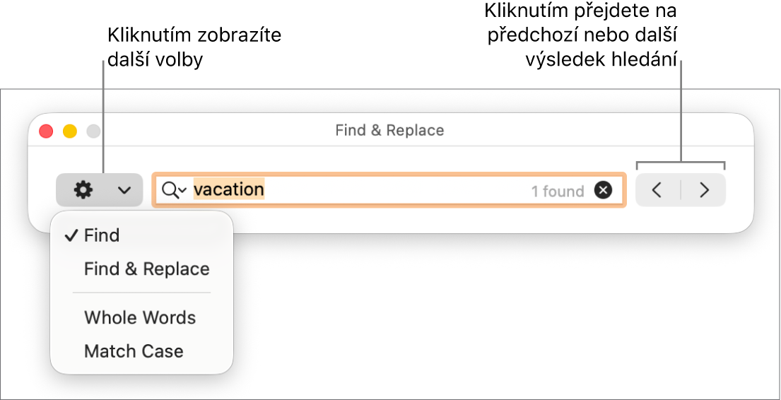Okno Hledat a nahradit s místní nabídkou obsahující volby Hledat, Hledat a nahradit, Celá slova a Rozlišovat velikost. Pomocí šipek na pravé straně můžete přejít na předchozí nebo následující výsledek hledání.