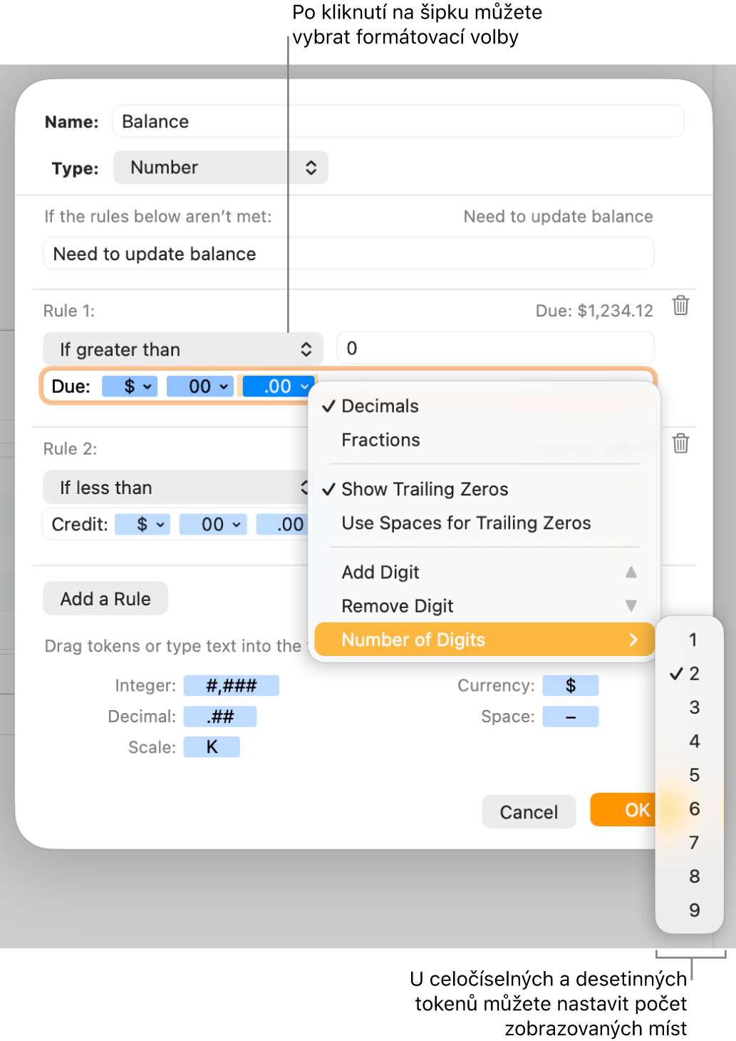 Okno vlastního formátu buněk s ovládacími prvky pro výběr voleb formátování