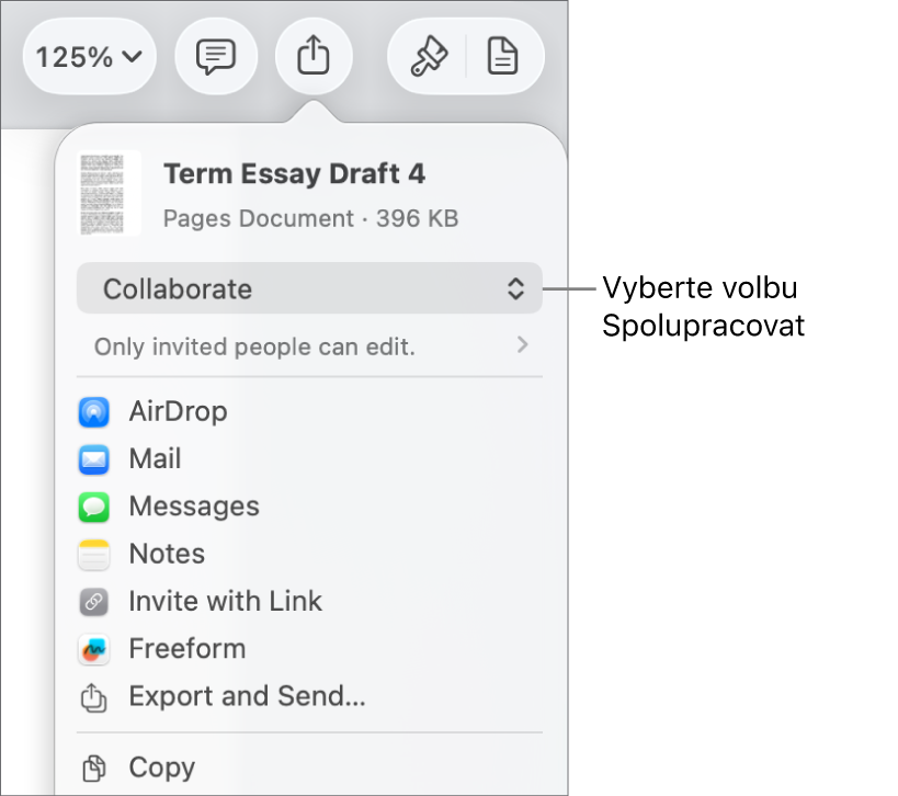 Nabídka sdílení, v níž je nahoře vidět vybraná volba Spolupracovat a pod ní volby pro nastavení přístupu a oprávnění
