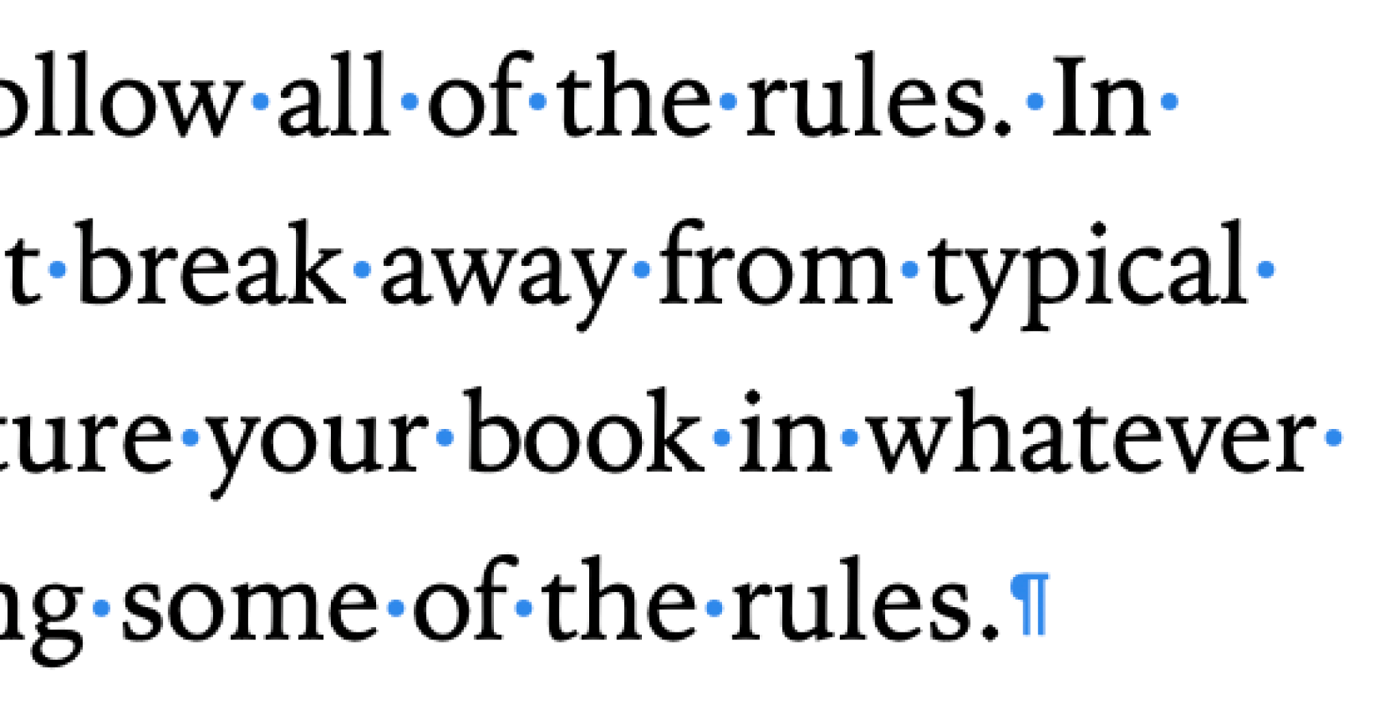 Text se symboly pro mezery, zalomení odstavce a zalomení oddílu