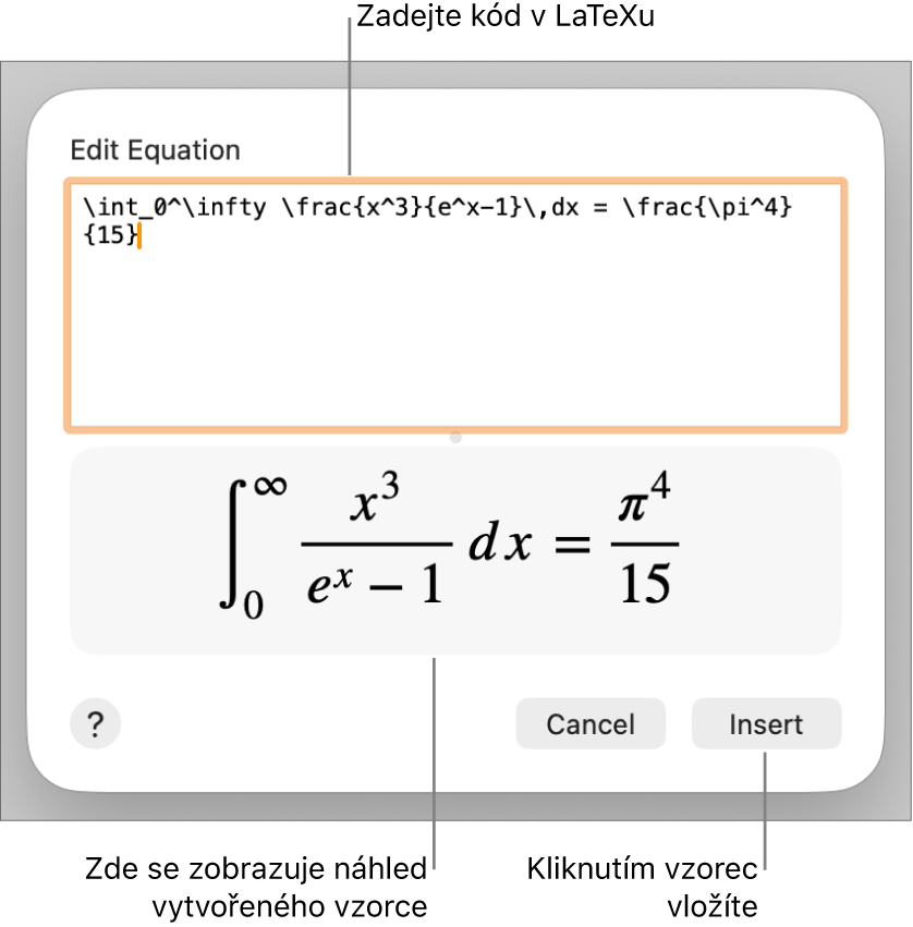 Vzorec pro řešení kvadratické rovnice zadaný do pole Rovnice v LaTeXu a pod ním náhled výsledného vzorce