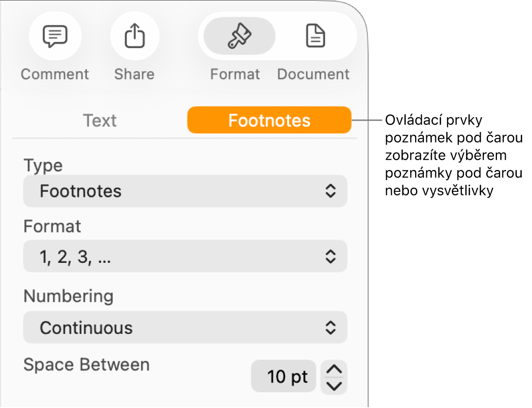 Panel poznámek pod čarou s místními nabídkami Typ, Formát, Číslování a mezerami mezi poznámkami