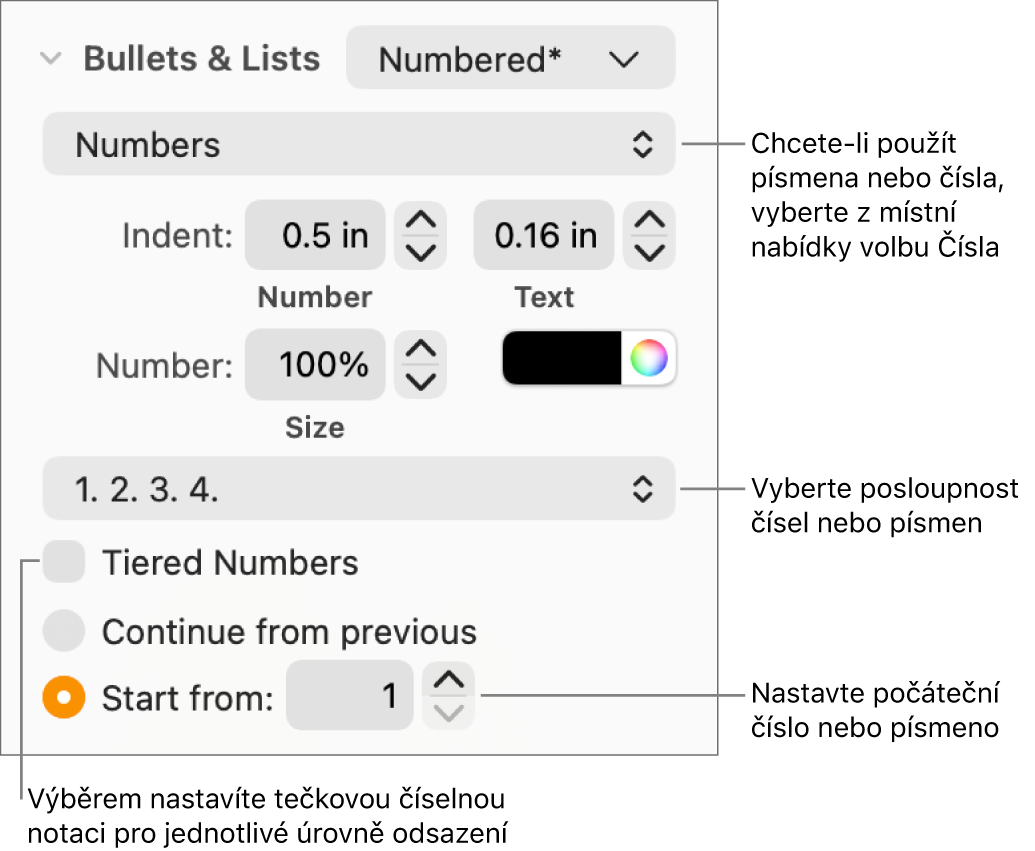 Ovládací prvky pro změnu stylu čísel nebo rozestupů v seznamu