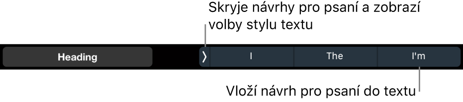 Touch Bar MacBooku Pro s ovládacími prvky pro výběr stylu textu, skrytí návrhů pro psaní a přidávání návrhů pro psaní