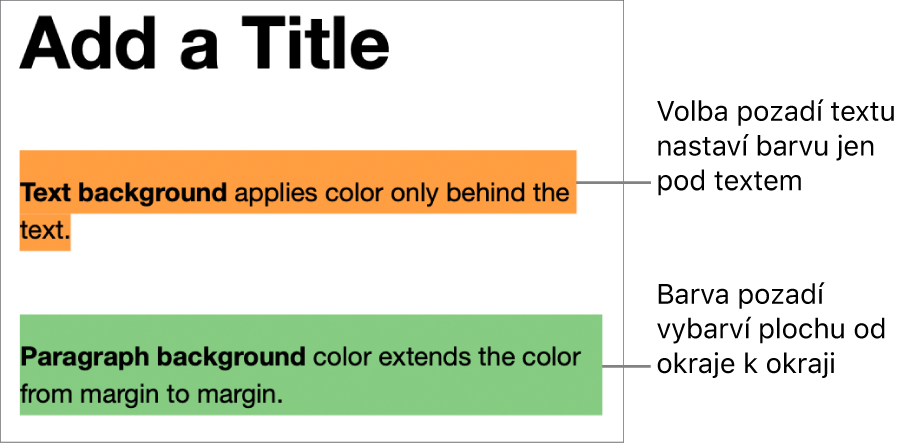 Jeden odstavec s barvou pouze za textem a druhý odstavec s barvou na celém pozadí bloku od okraje k okraji