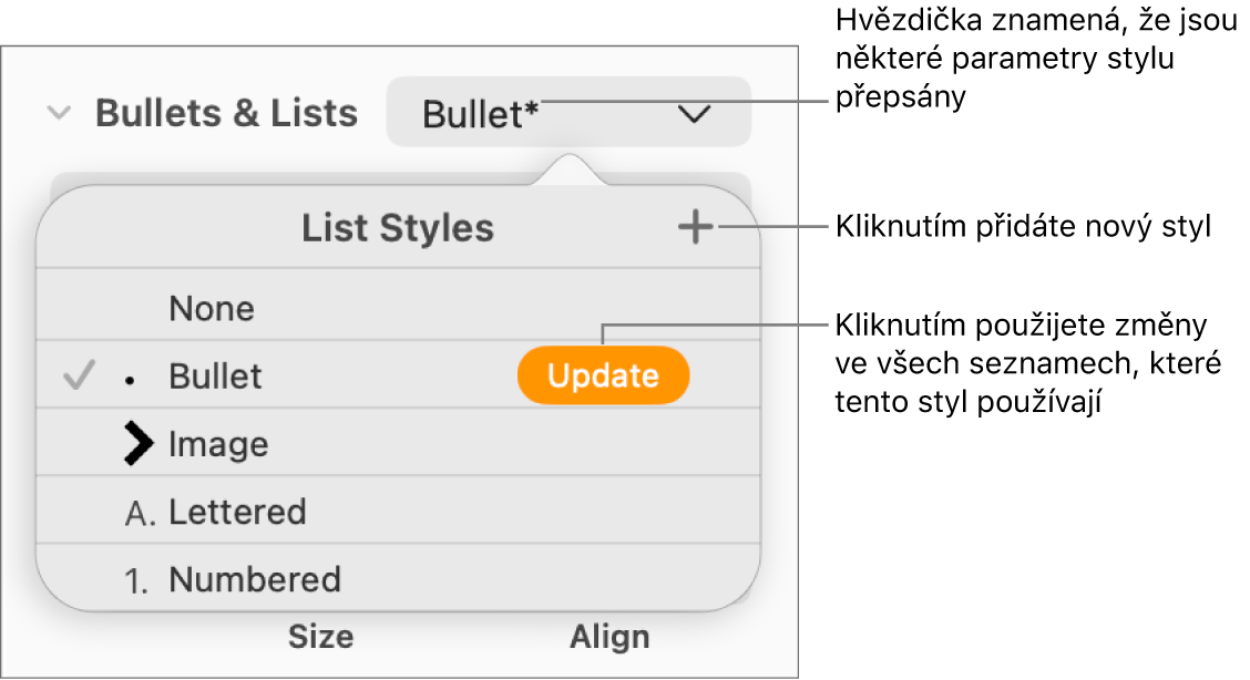 Místní nabídka Styly seznamů s hvězdičkou, která informuje o existenci přepisu, a s popisky u tlačítka Nový styl a podnabídky voleb pro správu stylů