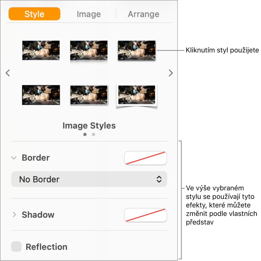 Karta Styl bočního panelu Formát s možnostmi pro nastavení stylu objektů