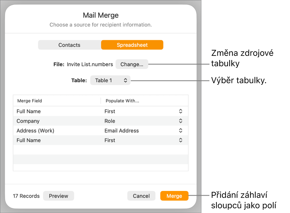 Zobrazený panel Náhled polí hromadné korespondence s volbami pro změnu zdrojového souboru nebo tabulky, pro náhled názvů polí hromadné korespondence a pro přidání záhlaví sloupců jako polí