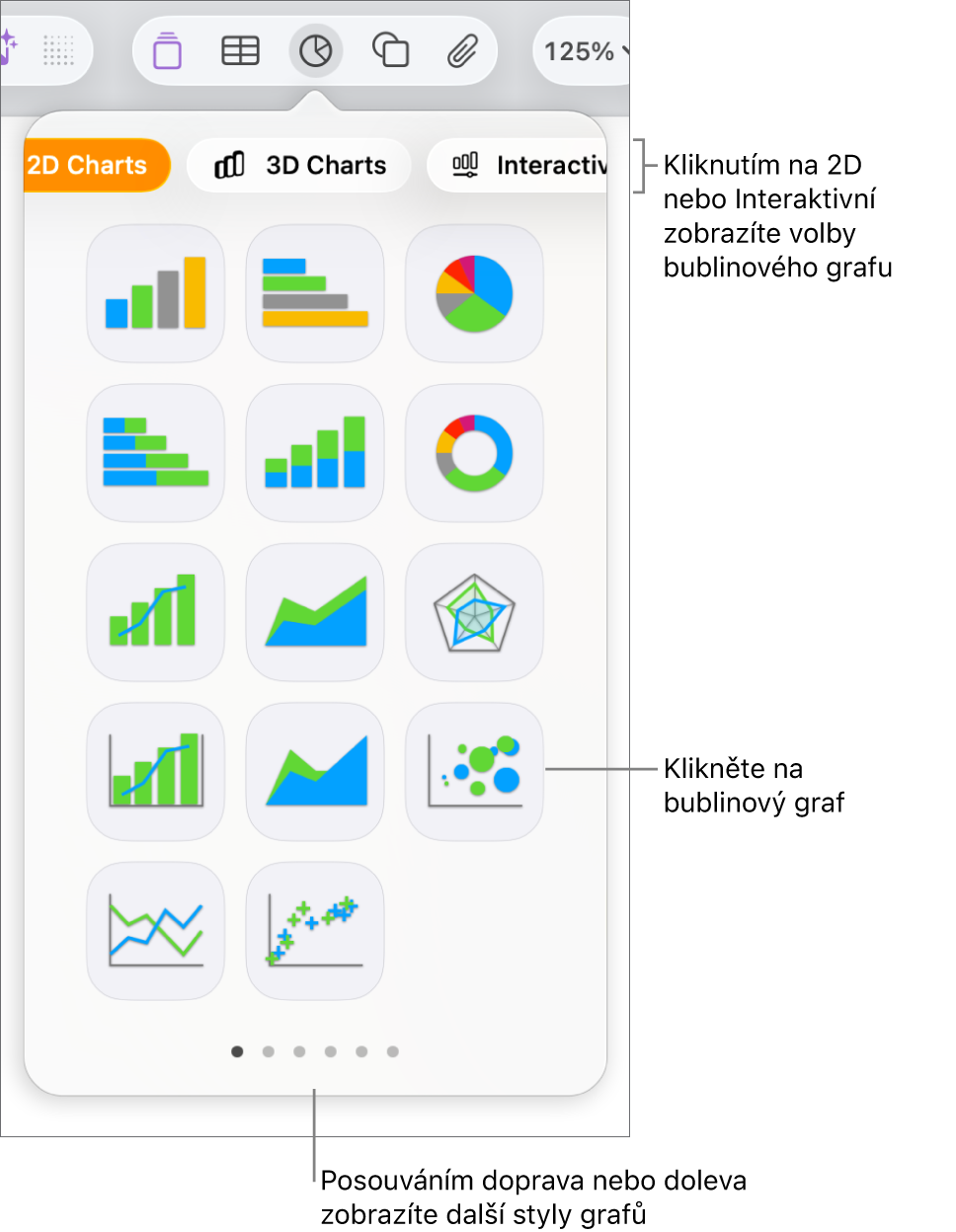 Nabídka Přidat graf s interaktivními grafy a s popiskem u volby bublinového grafu