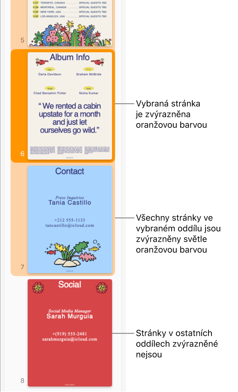 Boční panel Zobrazení miniatur s vybranou stránkou zvýrazněnou tmavě oranžovou barvou. Všechny stránky ve vybraném oddílu jsou zvýrazněné světle oranžovou barvou