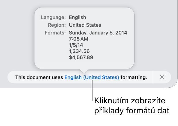 Upozornění na odlišné nastavení jazyka a oblasti s ukázkami formátování pro daný jazyk a oblast