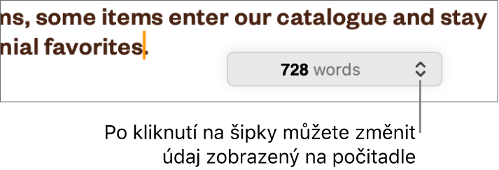 Nabídka, v níž se zobrazuje počet slov v dokumentu
