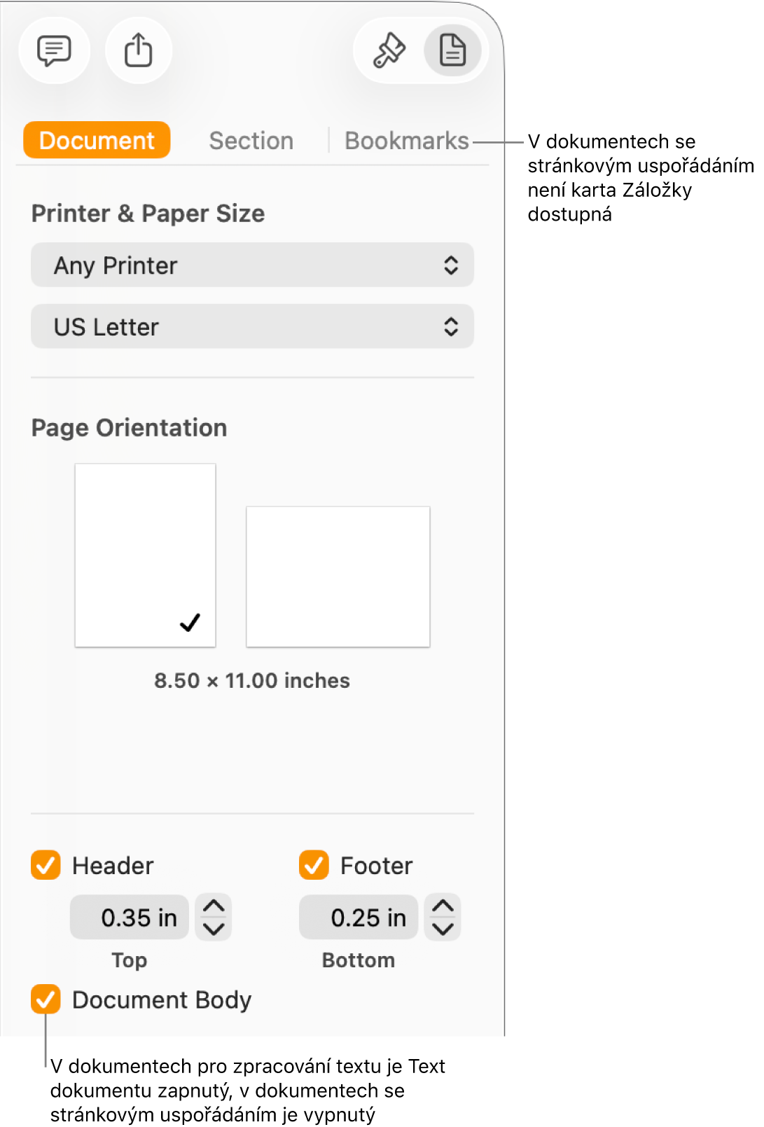 Boční panel Formát, na němž jsou nahoře vidět karty Dokument, Oddíl a Záložky. Je vybrána karta Dokument a na popisku ke kartě Záložky je uvedeno, že dokumenty s uspořádáním po stránkách tuto kartu Záložky nemají. Je zaškrtnuto políčko Text dokumentu, což je dalším potvrzením, že se jedná o dokument pro zpracování textu
