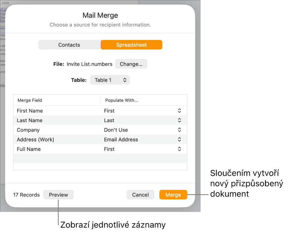 Zobrazený panel Hromadná korespondence s volbami pro změnu zdrojového souboru nebo tabulky, pro zobrazení náhledu s názvy polí hromadné korespondence nebo jednotlivými záznamy a pro hromadné rozeslání dokumentu