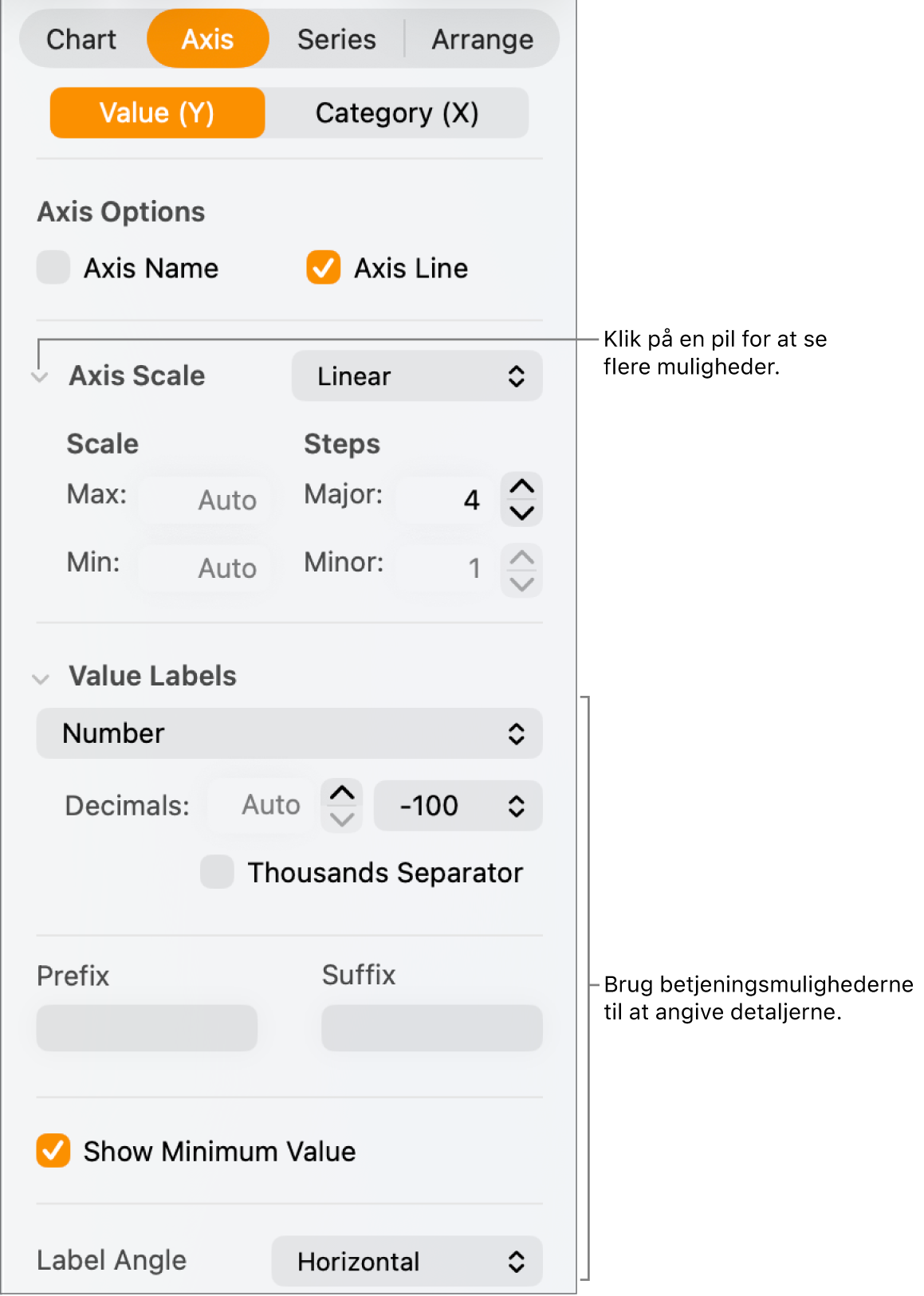 Betjeningsmuligheder til formatering af aksemærker i diagrammer.
