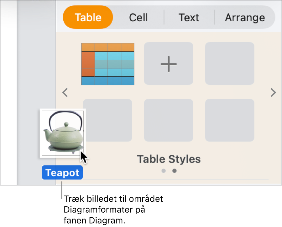 Et billede trækkes til diagramformaterne i indholdsoversigten for at oprette et nyt format.