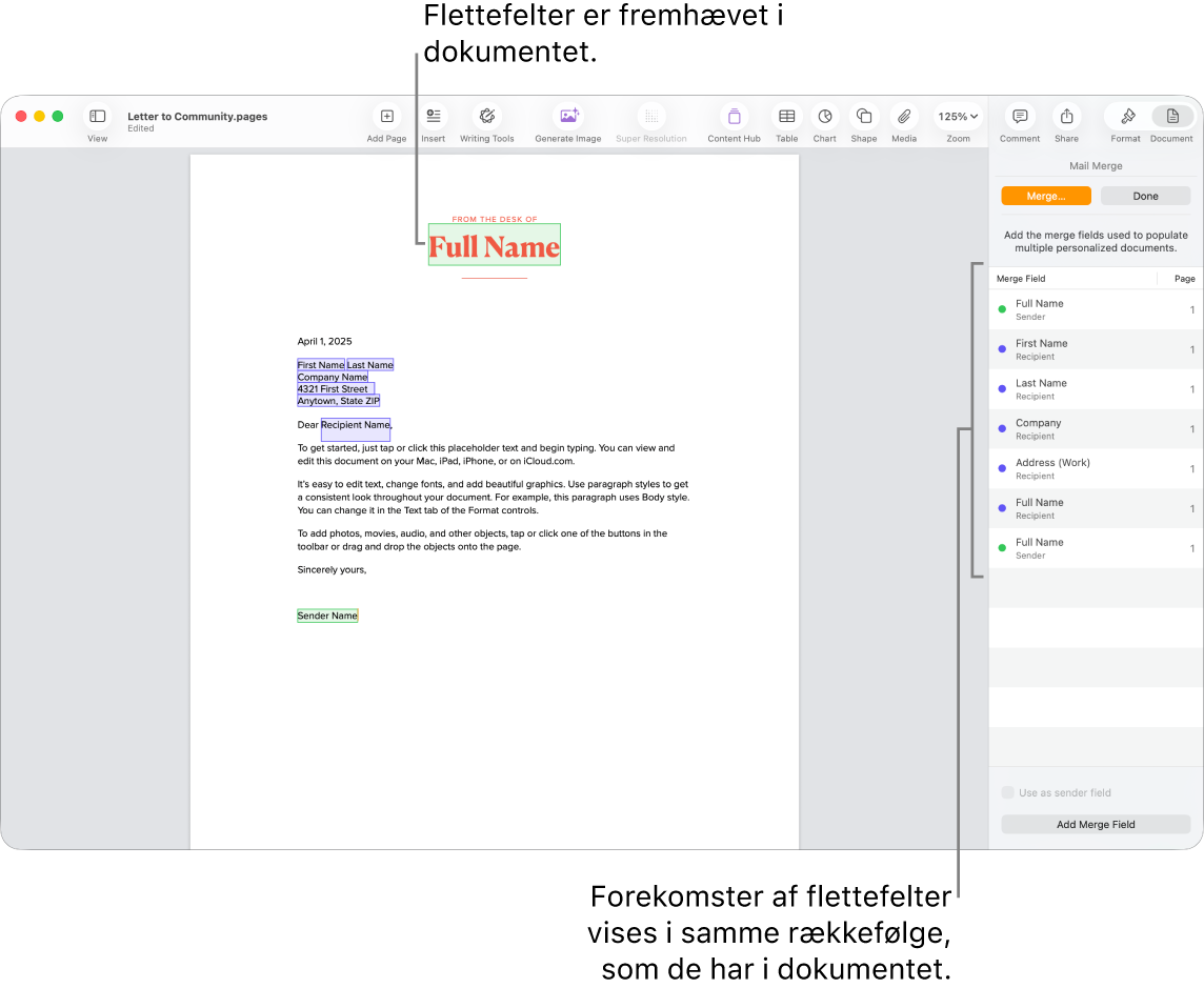 Pages-dokument med modtager- og afsenderfelter til brevfletning, og listen over forekomster af flettefelter vises i indholdsoversigten Dokument.